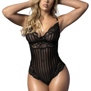 Schwarzer Spitzenbody, gestreift in Spitze und feinem Netz – MAL8631BLK Schwarzer Spitzenbody, gestreift in Spitze und feinem Netz – MAL8631BLK