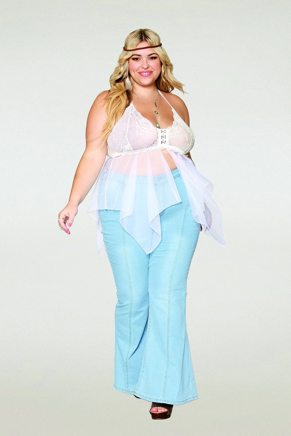 Babydoll und String in großen Größen aus Netz und weißer Spitze - DG13314WHT – Bild 4