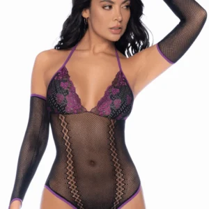 Schwarzer und violetter Body mit abnehmbaren Handschuhen – MAL1121BKPU Schwarzer und violetter Body mit abnehmbaren Handschuhen – MAL1121BKPU
