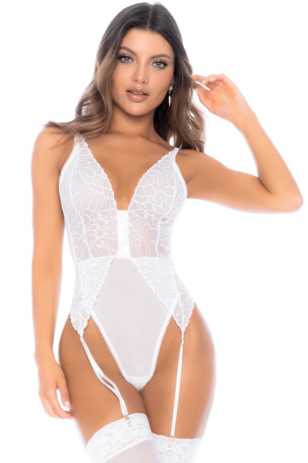 Weißer Body mit integrierten Strumpfhaltern - MAL8934WHT