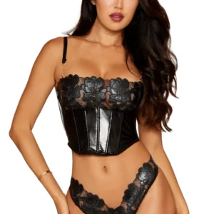Schwarzes Bustier mit Bügeln aus Kunstleder, passender String – DG13655BLK