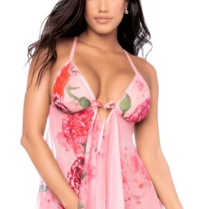 Rosa Netz-Negligé mit Blumenmuster und String – MAL7607BLPD