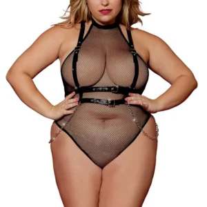 Netz-Body in Übergröße mit Kunstledergeschirr und Ketten – DG13291XBLK Netz-Body in Übergröße mit Kunstledergeschirr und Ketten – DG13291XBLK
