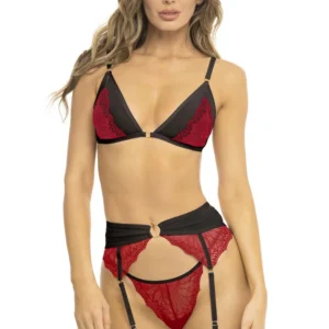 3-teiliges rotes Set, BH, Strumpfhalter und String – REN53037-RED