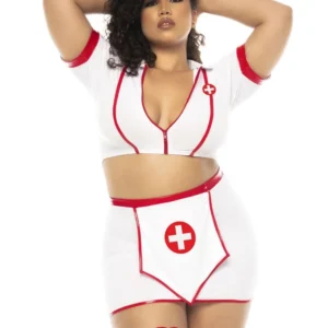 Krankenschwesterkostüm 3-teilig in großer Größe, Oberteil mit funktionalem Reißverschluss, Rock und Kopfschmuck – MAL60018XASHW