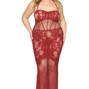 Langes Nachthemd in Übergröße aus rotem Netz – DG0487XRED