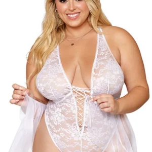 Große Größe Spitzenbody in Weiß mit abnehmbarem Tüll – DG12918XWHT