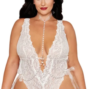 Zweiteiliges Set in großer Größe, weißer Spitzenbody und Körperkettchen mit weißen Perlen – DG13697XWHT