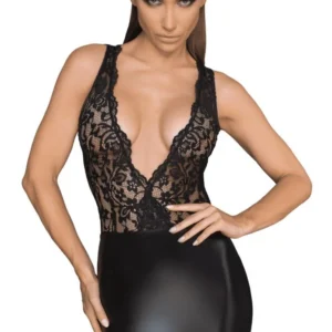 F214 Mini-robe en dentelle et Powerwetlook avec décolleté profond dans le dos