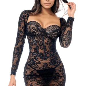 Transparente Spitzenrobe mit langen Ärmeln und String – MAL40022BLK