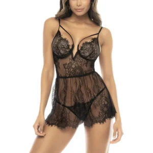 Schwarzes Nachthemd Selma, aus Spitze, mit Bügeln und passendem String inklusive – MAL7550BLK