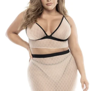 Büstenhalter, String und Rock, große Größe, Netzstoff Haut/Schwarz – MAL8776XNBL