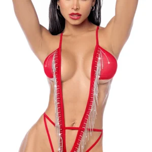 Tief ausgeschnittener Body mit Strassfransen – MAL2812RED