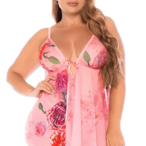 Große Größe Netz-Negligé in Rosa mit Blumenmuster und String – MAL7607XBLPD Große Größe Netz-Negligé in Rosa mit Blumenmuster und String – MAL7607XBLPD