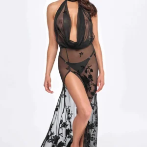 F312 Divinity robe longue en maille floquée avec dos ouvert