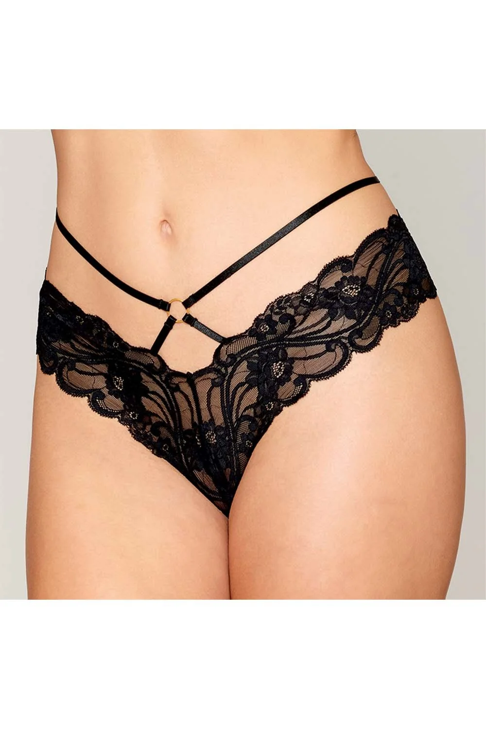 Schwarzer Spitzen-Slip mit Riemen und goldenen Ketten - DG1489BLK – Bild 4