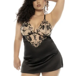 Schwarzes und hautfarbenes Nachthemd Laurel in Übergröße aus Satin und bestickter Spitze, verstellbare Träger – MAL7545XNUBK