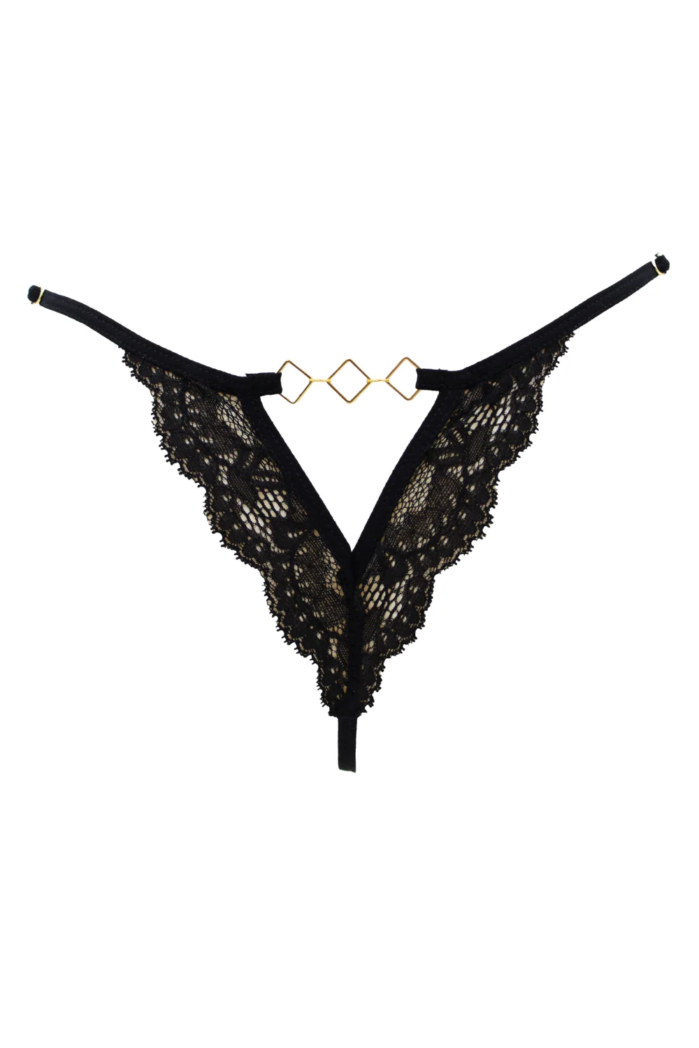 Schwarzer Spitzen-Tanga mit goldenen Rauten-Schmuck - PM01GBLK – Bild 8