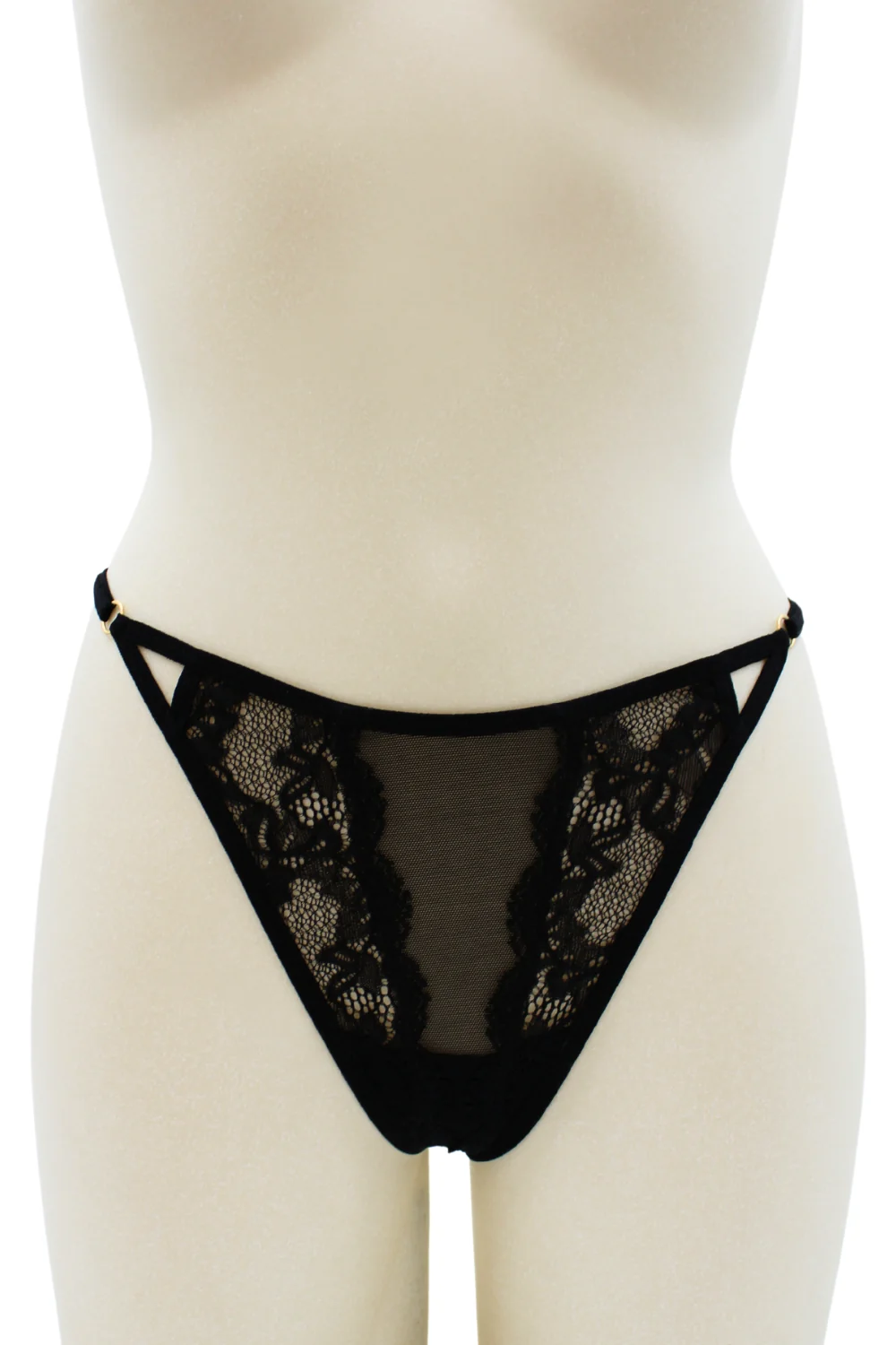 Schwarzer Spitzen-Tanga mit goldenen Rauten-Schmuck - PM01GBLK – Bild 3