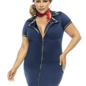 Großes 3-teiliges Flugbegleiterinnenkostüm, Kleid mit funktionellem Reißverschluss, Halsband und Haube – MAL60022XASHW Großes 3-teiliges Flugbegleiterinnenkostüm, Kleid mit funktionellem Reißverschluss, Halsband und Haube – MAL60022XASHW