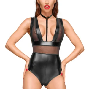 F183 Powerwetlook body avec larges bretelles, empiècements en tulle et tour de cou en velours
