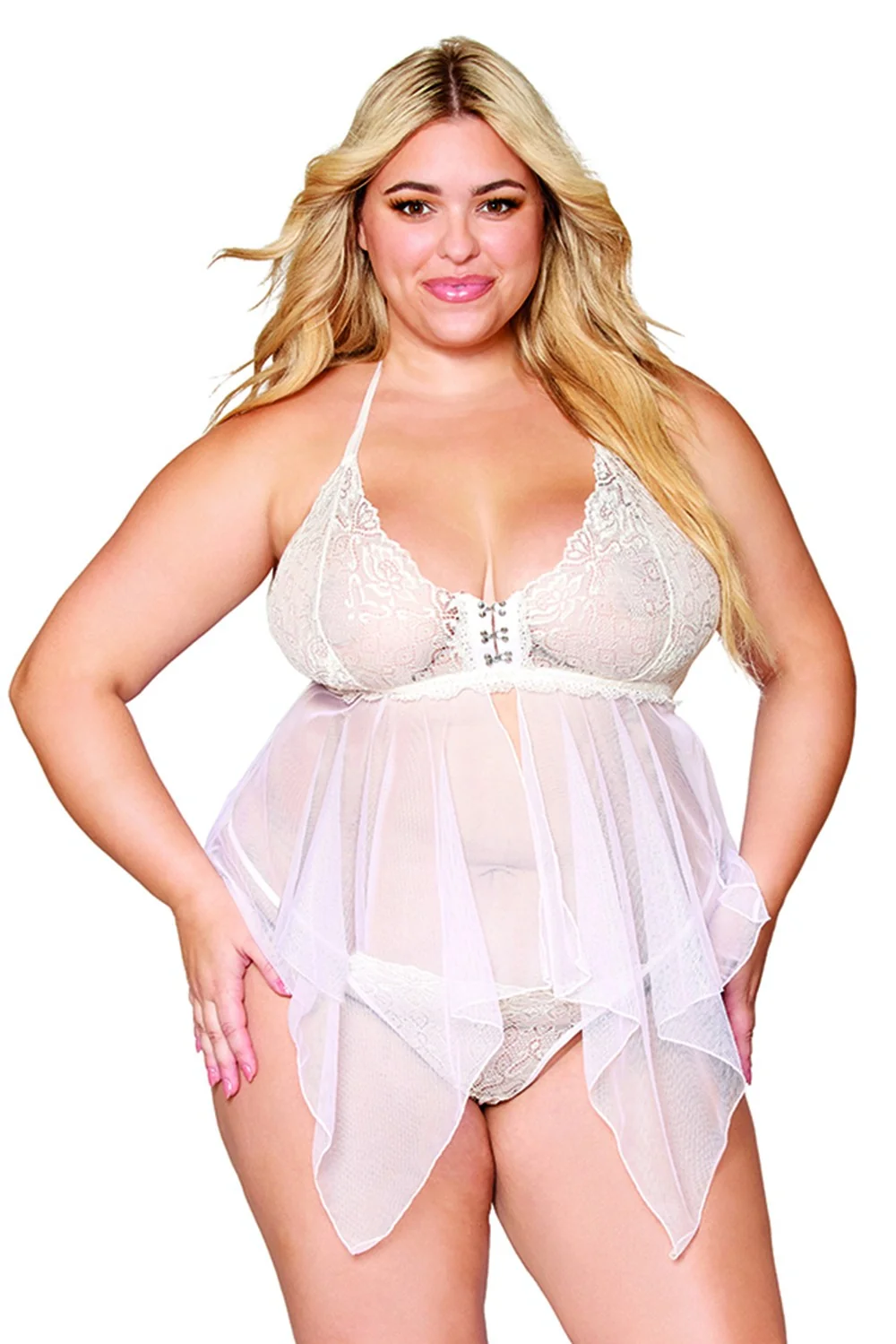 Babydoll und String in großen Größen aus Netz und weißer Spitze - DG13314WHT