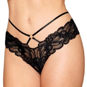 Schwarzer Spitzen-Slip mit Riemen und goldenen Ketten – DG1489BLK