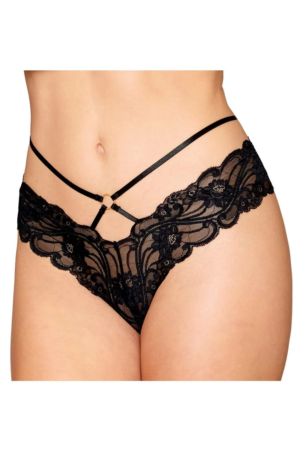 Schwarzer Spitzen-Slip mit Riemen und goldenen Ketten - DG1489BLK