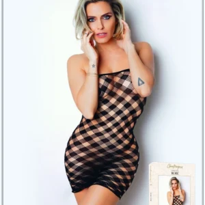 Schwarzes Minikleid, Netz mit Schachbrettmuster – Die Nummer 2 – Kleiderkollektion – CM97002