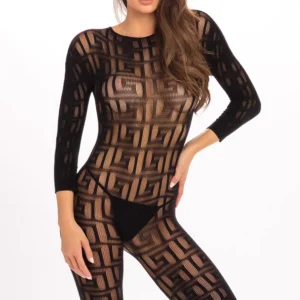 Schwarzer Netz-Bodystocking mit geometrischem Design