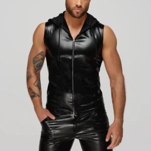 H066 Top zippé sans manches à capuche transparente, aspect serpent