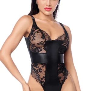 Schwarzer sexy Body aus Spitze & Kunstleder – MAL2805BLK