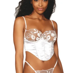 Weißes Bustier mit Bügeln, aus Satin und Blumenspitze – DG13262WHT