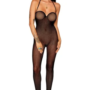 Nahtloser schwarzer Netz-Bodystocking mit weitem Bügel-Ausschnitt – DG0471BLK
