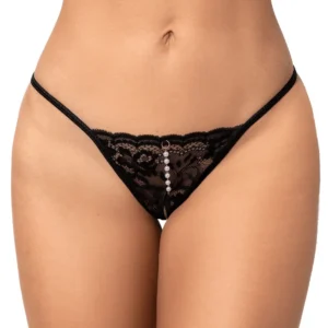 Schwarzer Spitzenstring mit hängender Perle – MAL129BLK