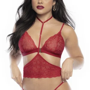 Dreiteiliges Dessous-Set aus roter Spitze mit Herzmuster – MAL8813RED Dreiteiliges Dessous-Set aus roter Spitze mit Herzmuster – MAL8813RED