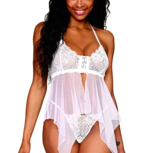 Babydoll und String aus Netzstoff und weißer Spitze – DG13314WHT
