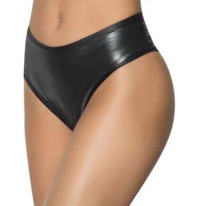 Breiter Bund in schwarzem Wetlook, hohe Taille, geraffter Stoff hinten – MAL3038WBLK