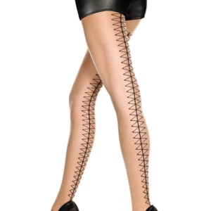 Hautstrumpfhose in Hautfarbe und Schwarz mit Rautenschnürungseffekt auf der Rückseite – MH7245BUD