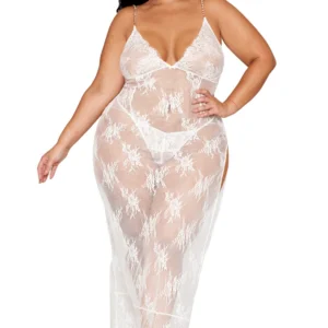 Langes weißes Nachthemd in großer Größe aus floraler Spitze, passender String – DG13667XWHT