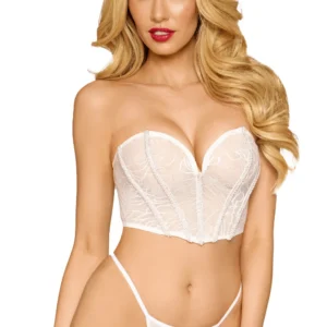 Weißes Bustier mit Perlen und Strass, abnehmbare transparente Träger – DG13669WHT