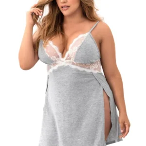 Graues Baumwoll-Nachthemd in großer Größe, seitlich geschlitzt und mit weißer Spitzenverzierung – MAL7313XGREY Graues Baumwoll-Nachthemd in großer Größe, seitlich geschlitzt und mit weißer Spitzenverzierung – MAL7313XGREY