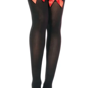 Schwarze blickdichte Strümpfe mit roten Satinschleifen – MH4742BKR