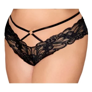 Schwarzer Spitzen-Slip in Übergröße mit Riemen und goldenen Ketten – DG1489XBLK