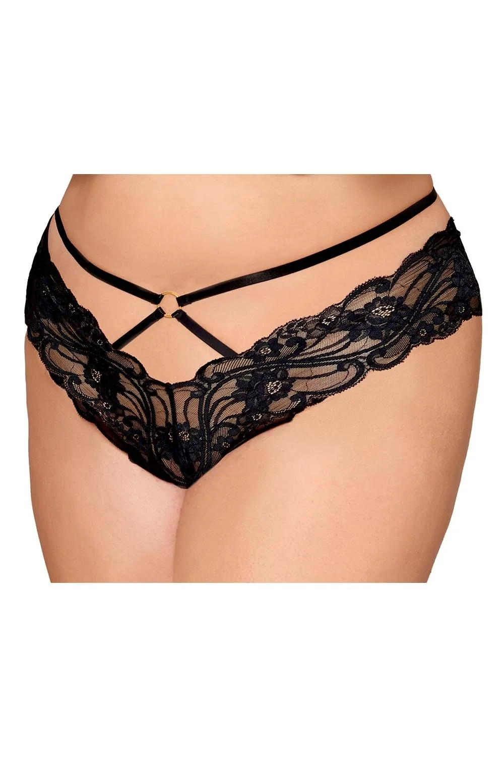 Schwarzer Spitzen-Slip in Übergröße mit Riemen und goldenen Ketten - DG1489XBLK