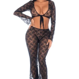 Top und Hose aus schwarzer Blumenspitze – MAL1915BLK