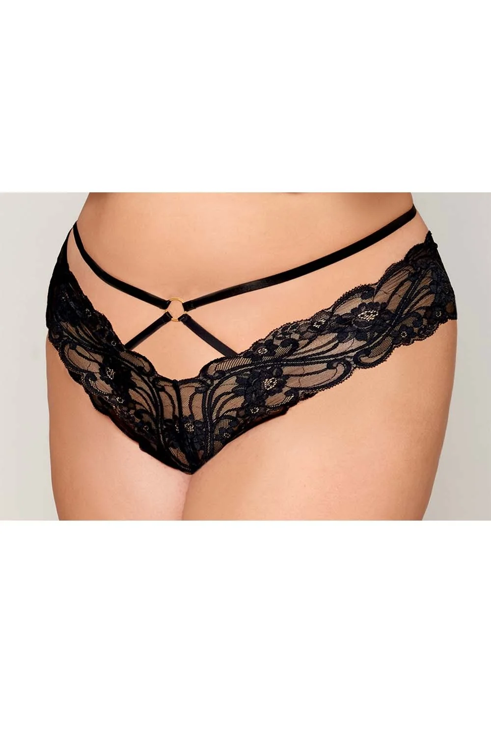 Schwarzer Spitzen-Slip in Übergröße mit Riemen und goldenen Ketten - DG1489XBLK – Bild 4