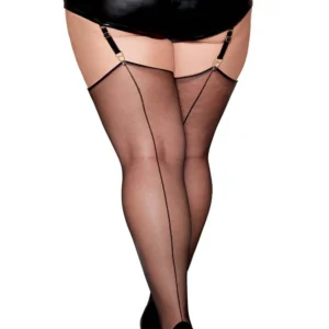Schwarze Strümpfe, große Größe, aus transparentem Netz mit Naht hinten – DG0492XBLK