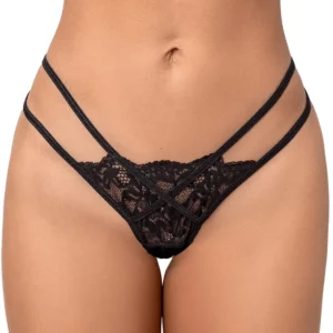 Schwarzer Spitzen-String mit Riemen und Ring – MAL130BLK