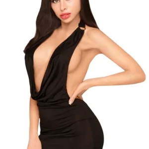 Schwarzes Kleid mit tiefem Ausschnitt und passendem String Heart rob – PH0062BLK